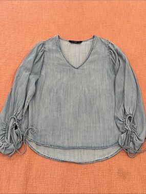F&F Light Blue Chambray V-Neck Top with Ruched Tie Sleeves